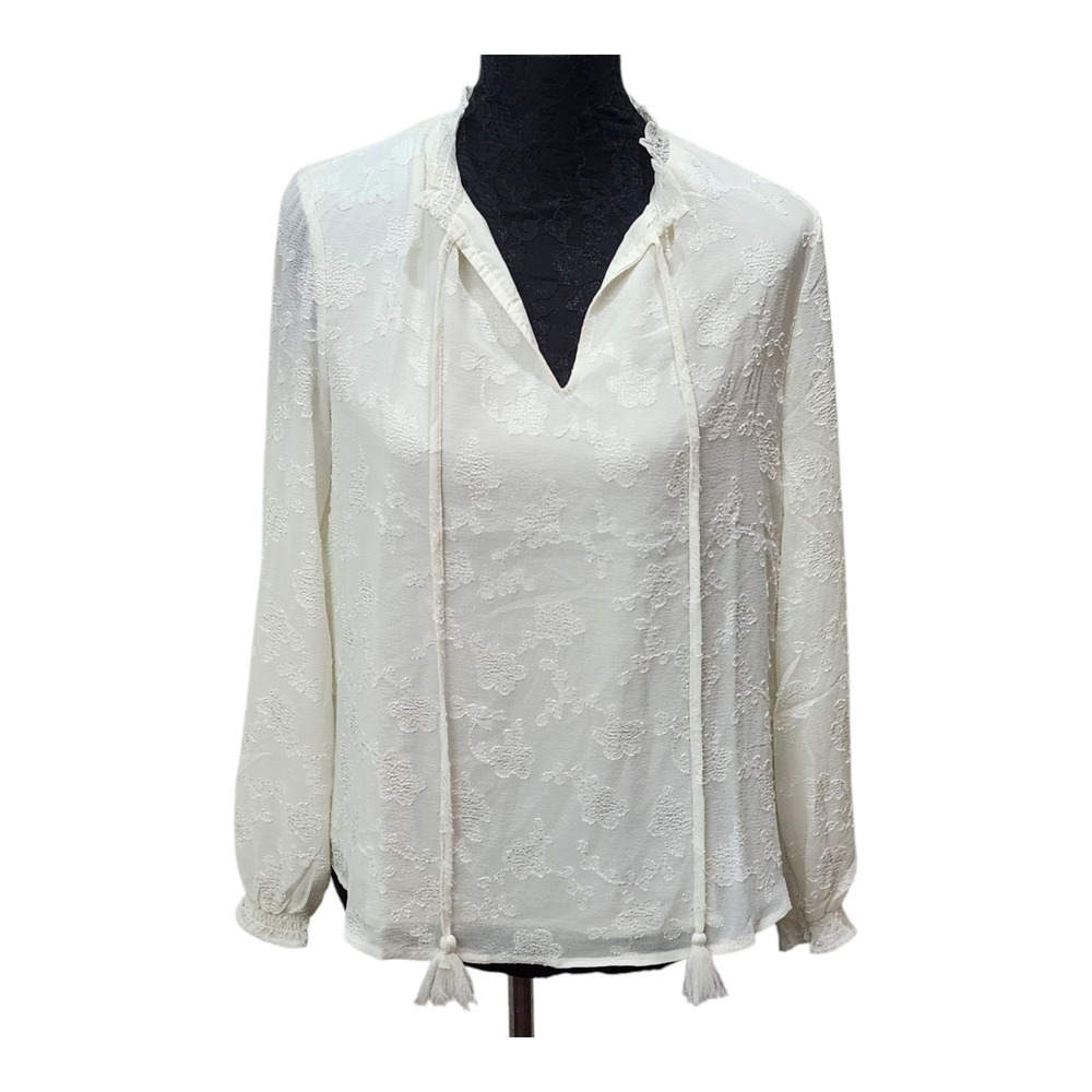 Nanette Lepore White Lace Tassel Blouse Women's Size Small Bohoβ Long Sleeve Top